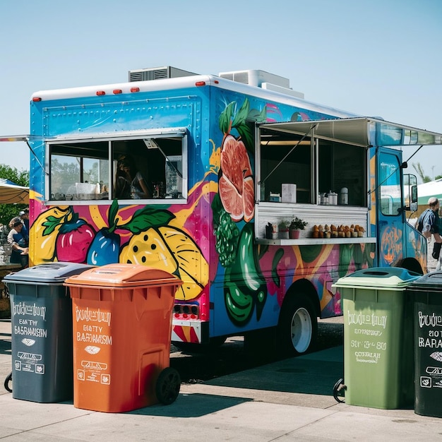 Foto caminhão de alimentos com caixas de reciclagem