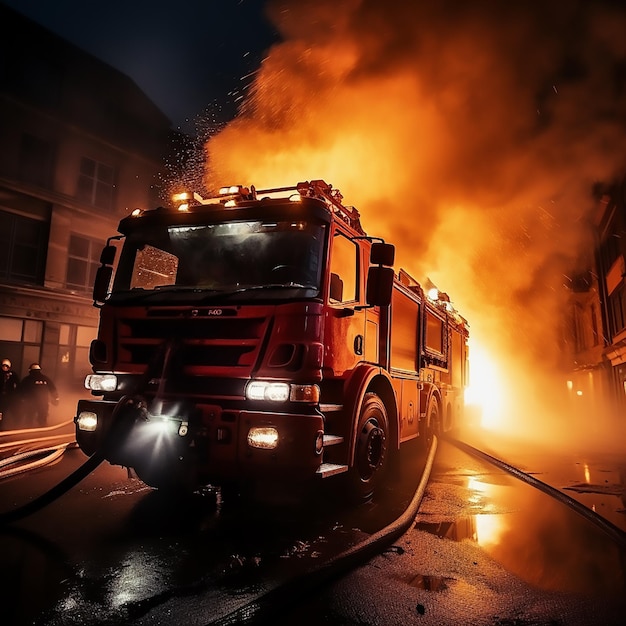 Caminhão de bombeiros apaga uma casa em chamas