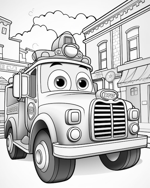 Caminhão de bombeiros dos desenhos animados com um bombeiro na frente e um bombeiro na parte traseira generativa ai