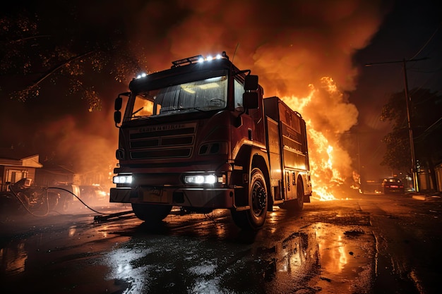 Caminhão de bombeiros lutando contra um IA gerador de fogo voraz