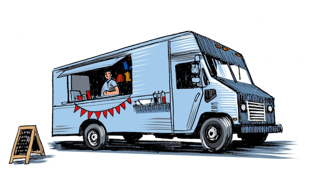 Caminhão de comida americano Tinta desenhada à mão em papel e colorida à mão em tablet