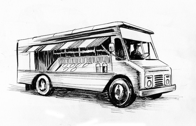 Caminhão de comida. Desenho de tinta preto e branco