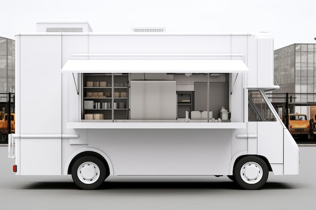 Foto caminhão de comida em branco com uma exibição de mercadorias de marca