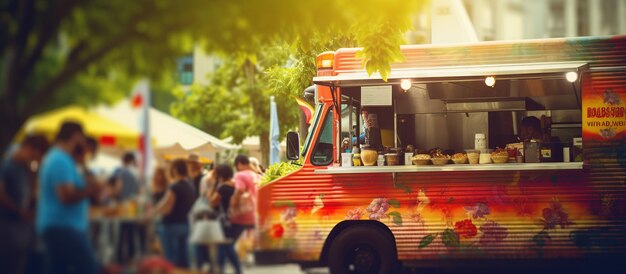 Foto caminhão de comida na cidade festival foco seletivo