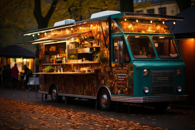 Caminhão de comida oferecendo uma seleção diversificada de cozinhas internacionais em um festival de comida Generative AI