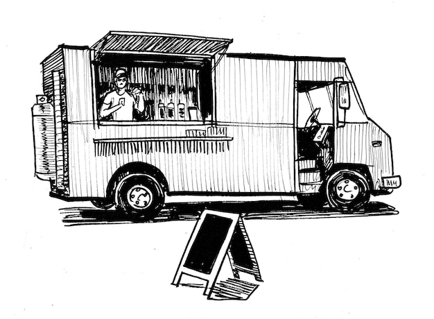 Caminhão de comida retrô americano. Desenho de tinta preto e branco