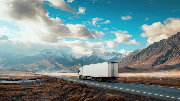 Caminhão de entrega com banner vazio longo para unidades de maquete na rodovia Conceito logístico de transporte
