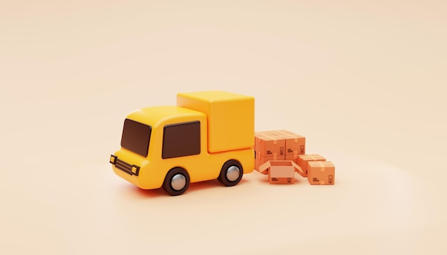 Foto caminhão de entrega com carro de entrega rápida de frete grátis de papelão entregar entrega expressa conceito de logística de transporte fundo ilustração de renderização 3d