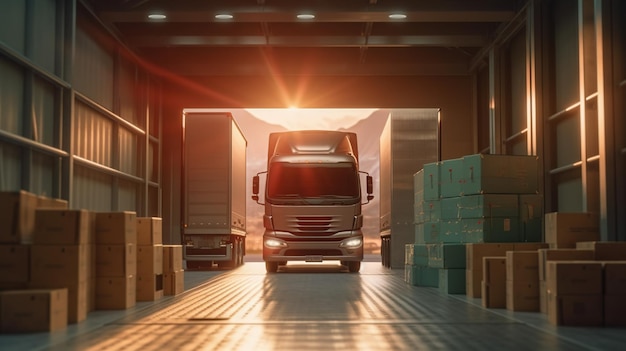 Caminhão de entrega de logística eficiente aguarda carregamento com caixas em um centro de distribuição IA generativa