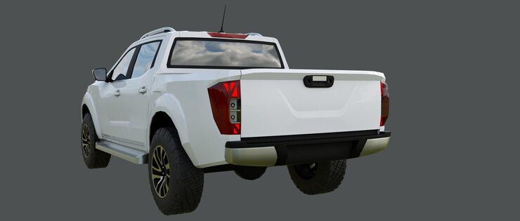 Foto caminhão de entrega de veículo comercial branco com cabine dupla. máquina sem insígnias com um corpo limpo e vazio para acomodar seus logotipos e etiquetas. renderização 3d.