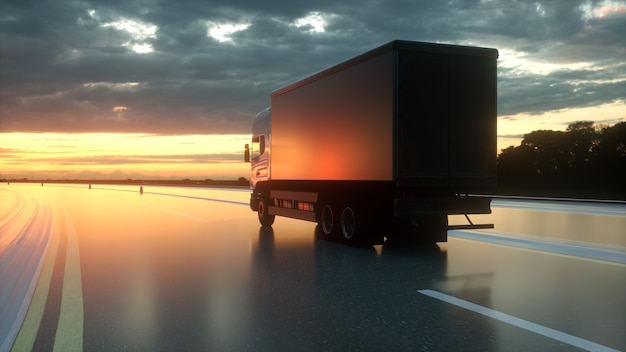 Caminhão de entrega na estrada, renderização em 3d