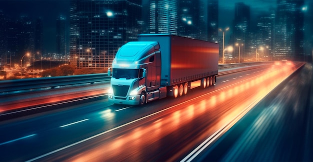 Caminhão de estilo americano na rodovia puxando carga Conceito de transporte IA imagem gerada