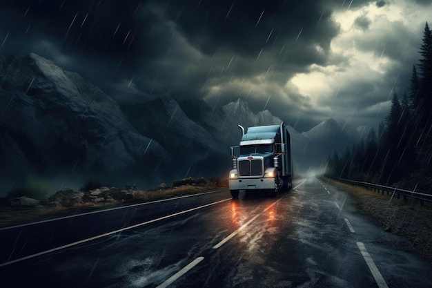 Caminhão de estrada de noite chuvosa dirigindo na estrada de asfalto na paisagem rural com nuvens escuras