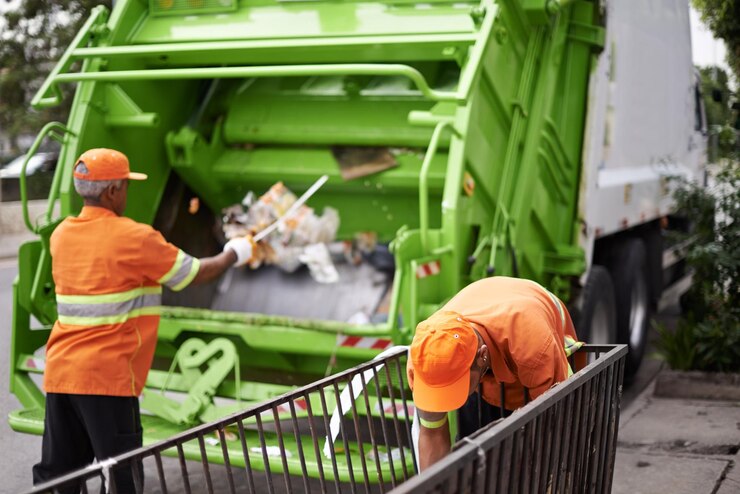 Foto caminhão de lixo e contêiner da cidade para serviço de coleta de poluição pública para reciclagem de resíduos ou lixo trabalhador comunitário trabalho em equipe e plástico em nova york para lixo ou sujeira