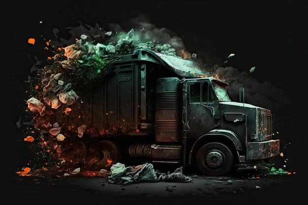 Caminhão de lixo em cores escuras carregado com lixo transbordante