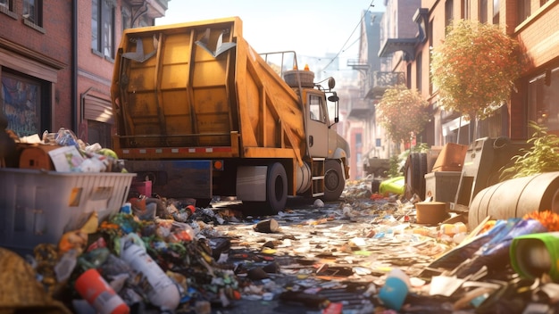 Caminhão de lixo nas ruas sujas da cidade Poluição ambiental Problemas ecológicos Generative AI