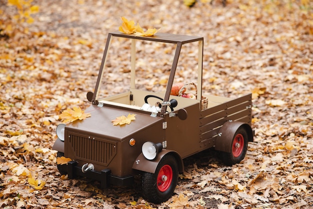 Caminhão de madeira infantil no parque de outono