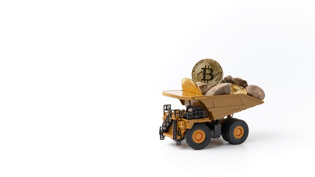 Caminhão de mineração transportando moedas de bitcoin Conceito de mineração de Bitcoin