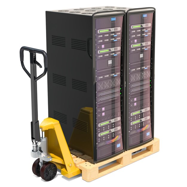 Caminhão de paletes com servidor de computador racks conceito de entrega renderização em 3D