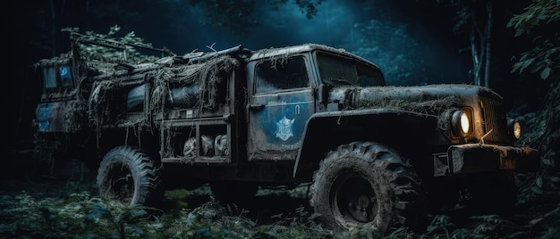 Caminhão do exército russo pós-apocalipse paisagem widescreen foto de cartaz adonada chuva verde noite