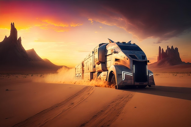 Caminhão futurista acelerando pelo deserto com um belo pôr do sol ao fundo