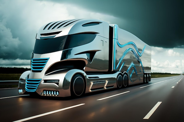 Caminhão futurista dirigindo em uma rodovia na Inglaterra. IA generativa
