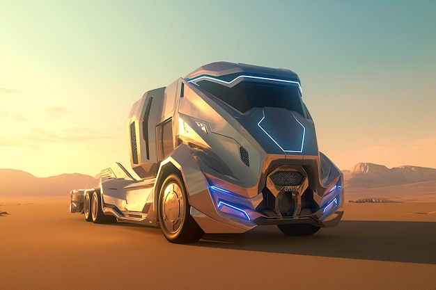 Caminhão futurista do século 23 com lente grande angular hipermoderna e arranha-céu futurista em segundo plano AI Generative