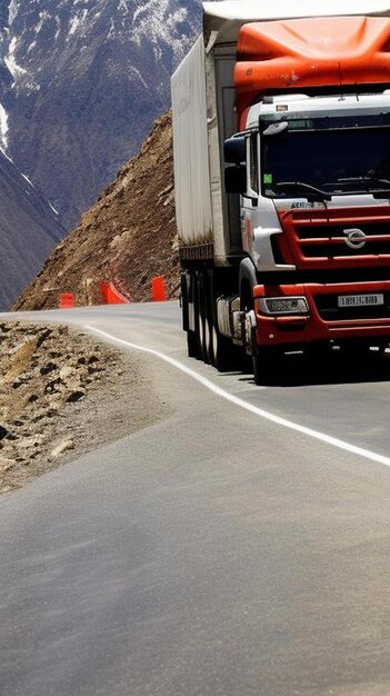 Foto caminhão indiano na estrada para leh em junho no estado de jammu e caxemira, na índia