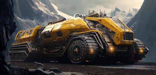 caminhão industrial nas montanhas no estilo de ficção científica hiper-realista