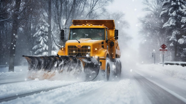 caminhão limpa-neve trabalhando arduamente removendo com eficiência a neve de uma estrada durante uma tempestade de neve