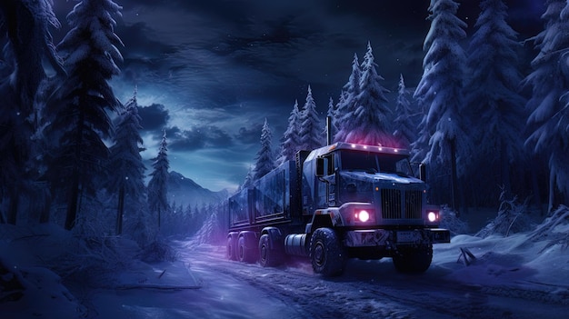 Caminhão moderno futurista na floresta de neve de noite de inverno Noite na floresta