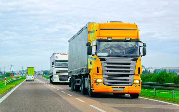 Caminhão na estrada de verão da Polônia. Caminhoneiro na rodovia. Caminhão fazendo trabalho de logística. Semi reboque com motorista. Grande movimentação de carro de carga. Entrega de frete. Indústria de exportação de transporte. Recipiente com mercadorias