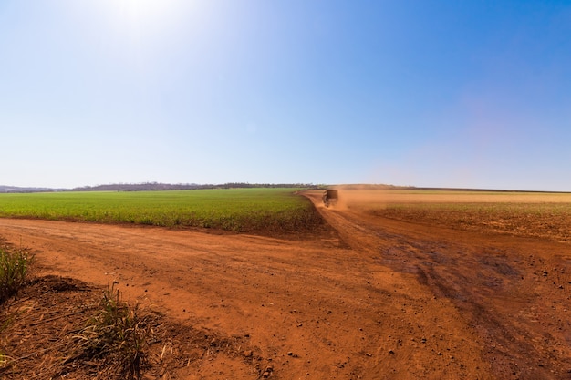 Caminhão na zona rural de uma fazenda transportando cana-de-açúcar para a usina em um dia nublado. conceito de imagem de economia agrícola da américa do sul.