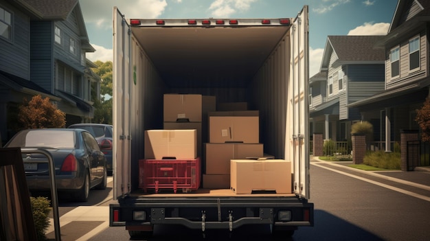 Caminhão ou van cheia de caixas de papelão e móveis para relocação e nova casa