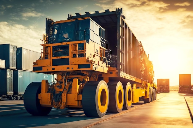 Caminhão poderoso entrega contêineres com mercadorias para trem de carga criado com IA generativa