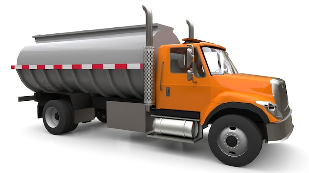 Caminhão-tanque grande laranja com reboque de metal polido. Vistas de todos os lados. Ilustração 3D.