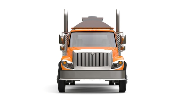 Caminhão-tanque grande laranja com reboque de metal polido. Vistas de todos os lados. Ilustração 3D.