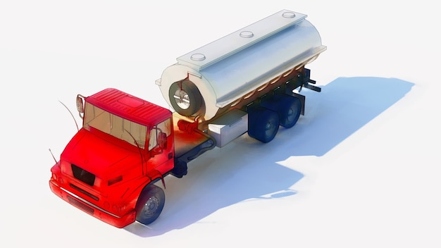 Caminhão-tanque grande vermelho com reboque de metal polido. vistas de todos os lados. ilustração 3d.