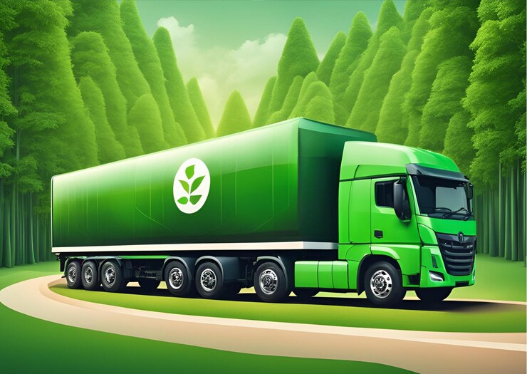 Foto caminhão verde em floresta exuberante transporte ecológico