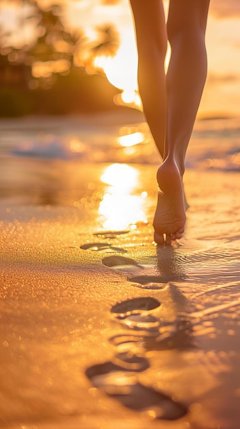 Foto caminhar descalço na praia ao pôr-do-sol conceito de liberdade e tranquilidade