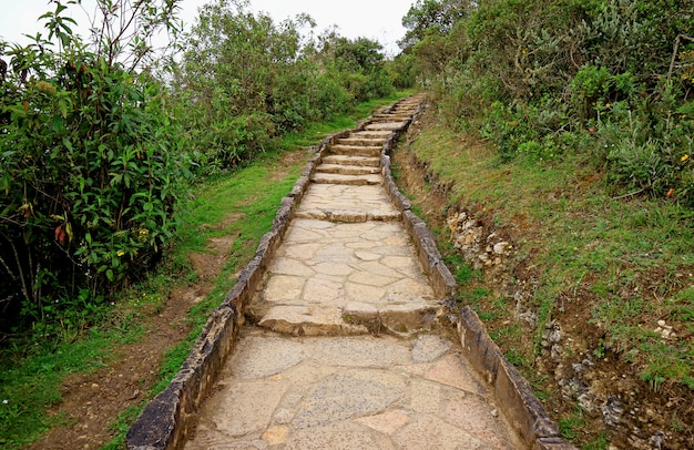 Caminho a pé de pedra na chuva leve para o sítio arqueológico de Kuelap