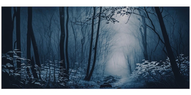 Caminho assombrado de cor monocromática azul na floresta escura