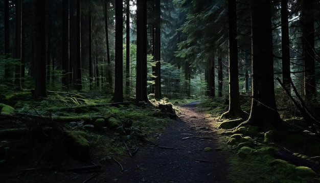 caminho através de uma floresta escura com uma luz no fim da floresta