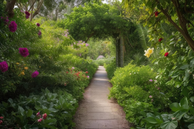 Caminho cercado por folhagens e flores verdes exuberantes