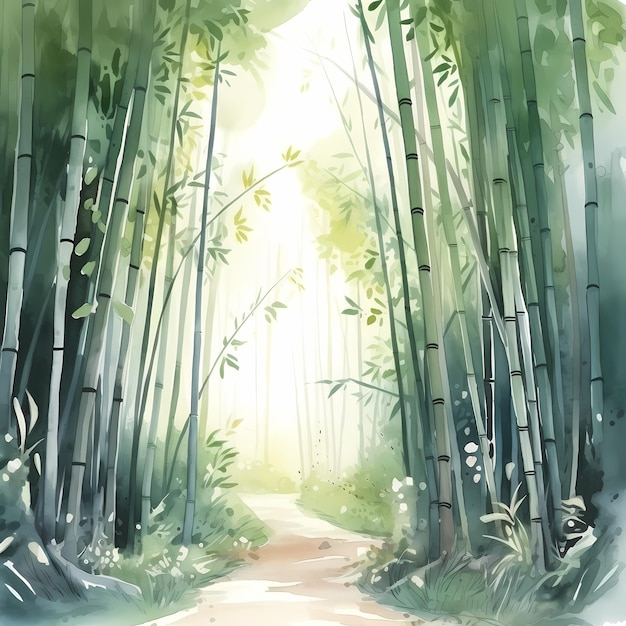 Caminho da floresta de bambu verde sereno Aquarela Pintura de paisagem Calmante Oriental Natureza Arte