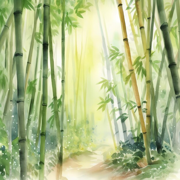 Caminho da floresta de bambu verde sereno Aquarela Pintura de paisagem Calmante Oriental Natureza Arte