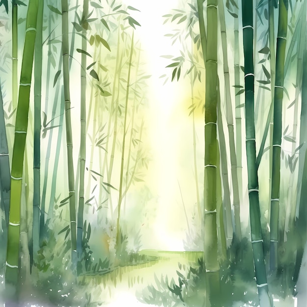 Caminho da floresta de bambu verde sereno Aquarela Pintura de paisagem Calmante Oriental Natureza Arte
