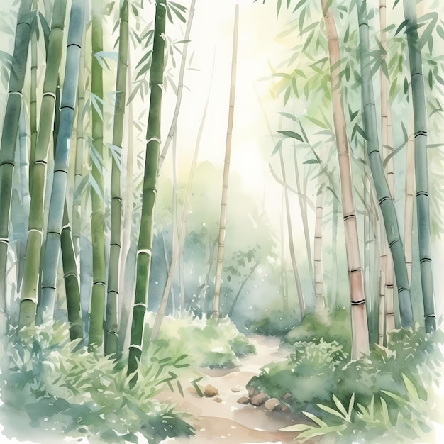 Caminho da floresta de bambu verde sereno Aquarela Pintura de paisagem Calmante Oriental Natureza Arte
