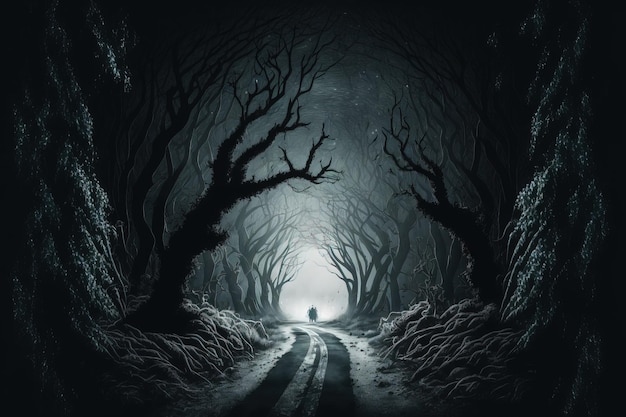 Caminho da floresta de fantasia noturna assustador cenário de Halloween