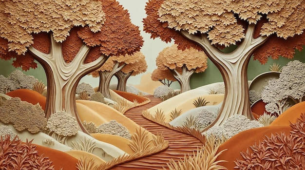 Caminho da Floresta de Outono em estilo de desenho animado 3D